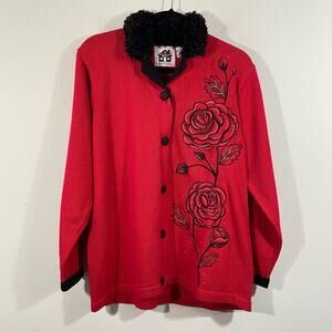 Storybook Knit Red Rose Embroidered Faux Fur Collar Button Up Cardigan Sz L NWT